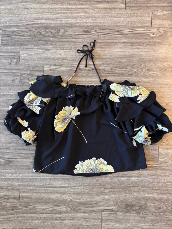 1. State Tops - 1. State Black Off-Shoulder Floral Ruffle Blouse with Yellow Blooms